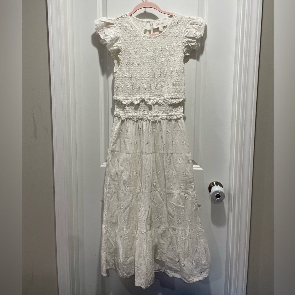 Cleobella Emmy White Eyelet Embroidered Ruffle Smocked Cotton Midi Dress Size M - Picture 6 of 9